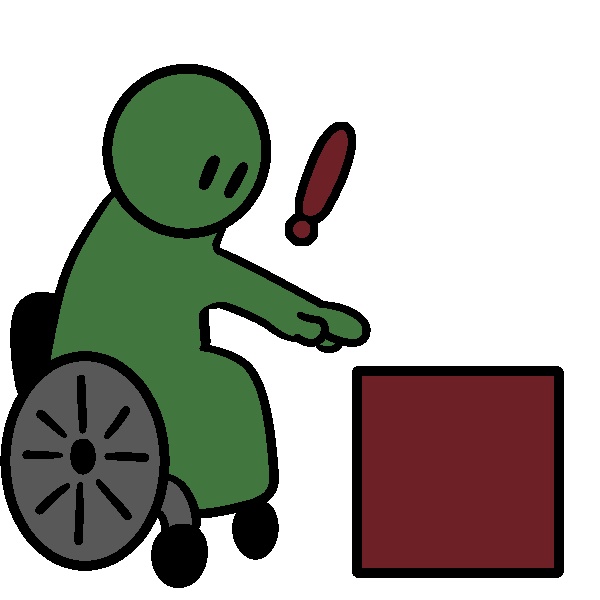 A green wheelchair user pointing to a red square with an exclamation point.